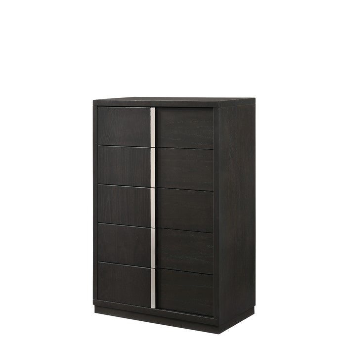 Five Drawer Wooden Chest with Sled Base and Silver Accent, Brown and Silver