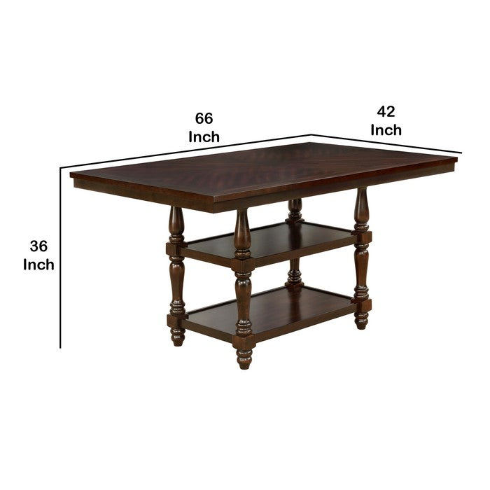 Wooden Counter Height Table with Two Open Shelves and Turned Legs, Brown