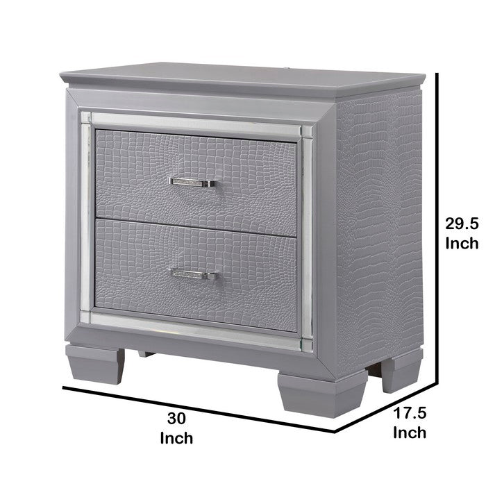 Two Drawer Wooden Nightstand with Textured Details and Mirror Accents, Gray