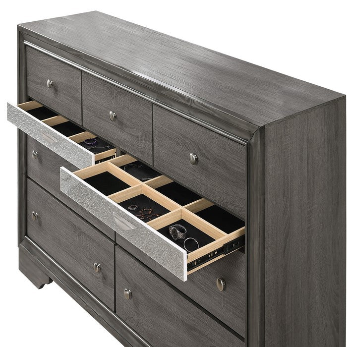 Nine Drawer Wooden Dresser with Bracket Sled Base, Gray and Silver