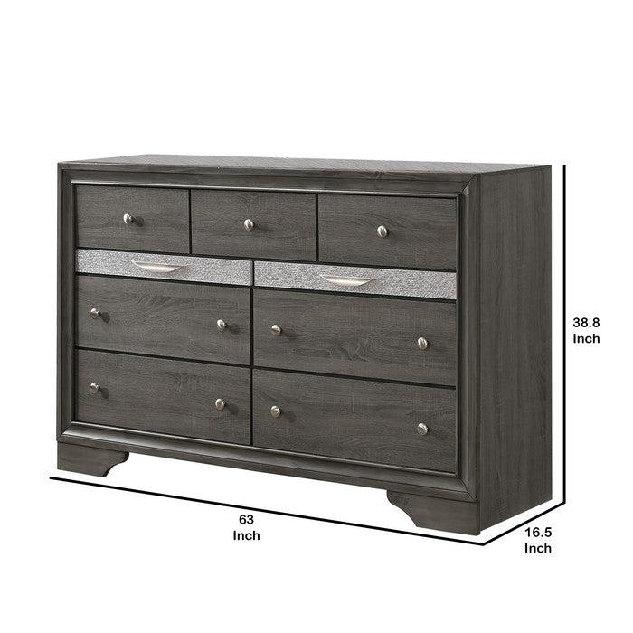 Nine Drawer Wooden Dresser with Bracket Sled Base, Gray and Silver