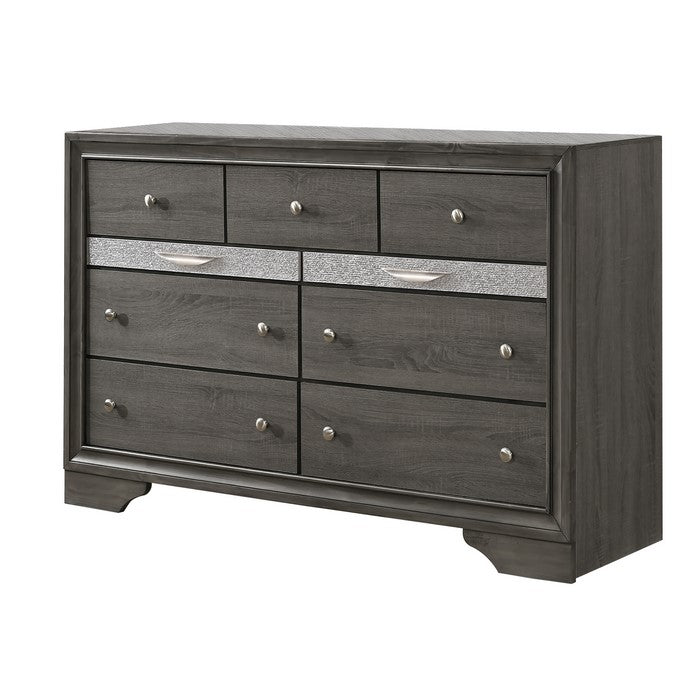 Nine Drawer Wooden Dresser with Bracket Sled Base, Gray and Silver