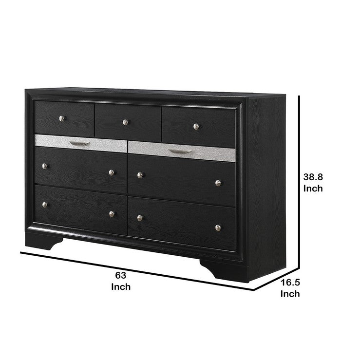Nine Drawer Wooden Dresser with Bracket Sled Base, Black and Silver