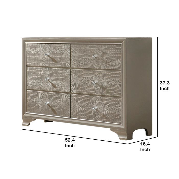 Wooden Dresser with Six Spacious Drawers and Bracket Feet, Champagne Gold
