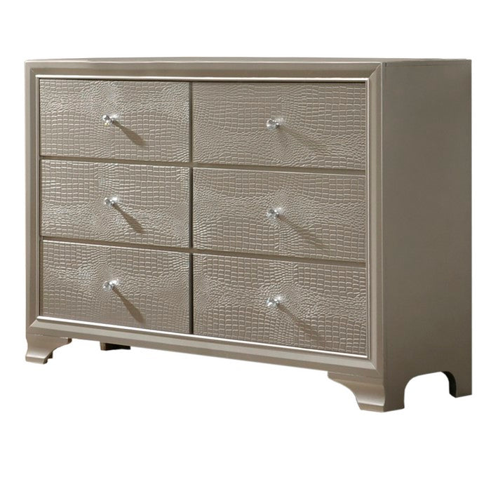Wooden Dresser with Six Spacious Drawers and Bracket Feet, Champagne Gold