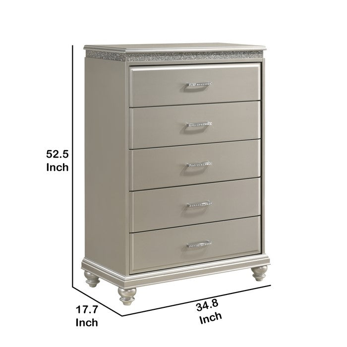 Wooden Chest with Five Spacious Drawers and Bun Feet, Champagne Silver