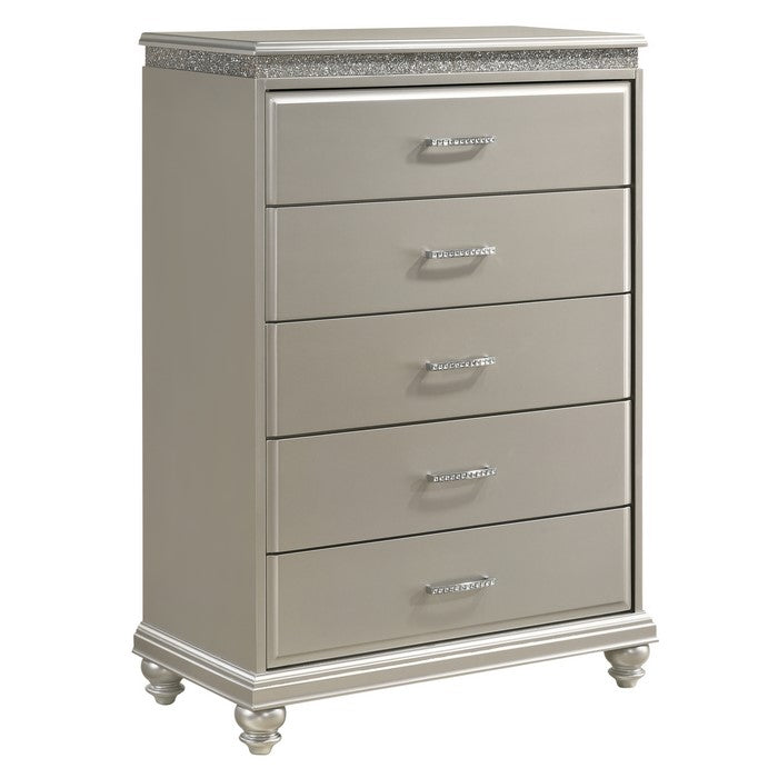 Wooden Chest with Five Spacious Drawers and Bun Feet, Champagne Silver