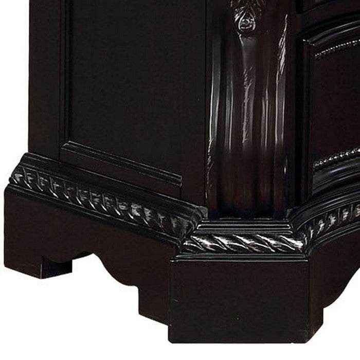 Wooden Three Drawer Nightstand with Carved Detail and Mirror Accents, Brown