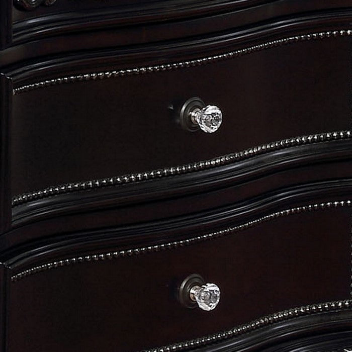 Wooden Three Drawer Nightstand with Carved Detail and Mirror Accents, Brown