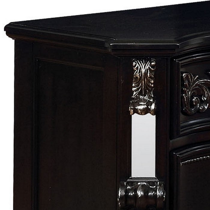 Wooden Three Drawer Nightstand with Carved Detail and Mirror Accents, Brown