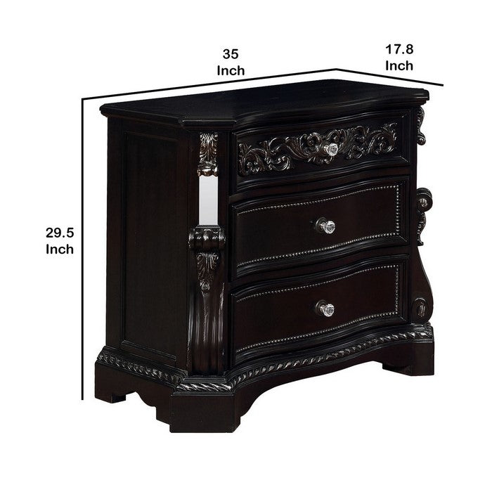 Wooden Three Drawer Nightstand with Carved Detail and Mirror Accents, Brown