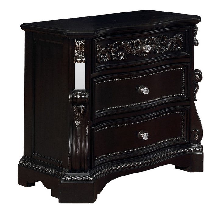 Wooden Three Drawer Nightstand with Carved Detail and Mirror Accents, Brown
