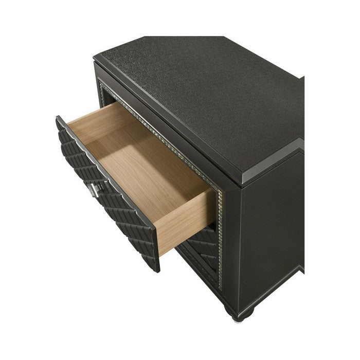Wooden Two Drawer Nightstand with Carved Details and Knobs, Black