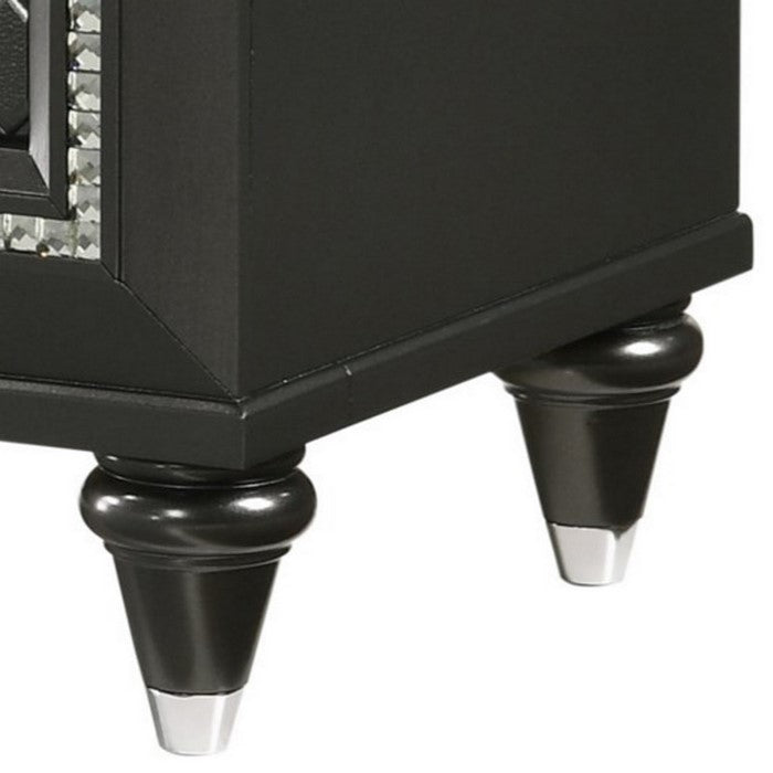 Wooden Two Drawer Nightstand with Carved Details and Knobs, Black