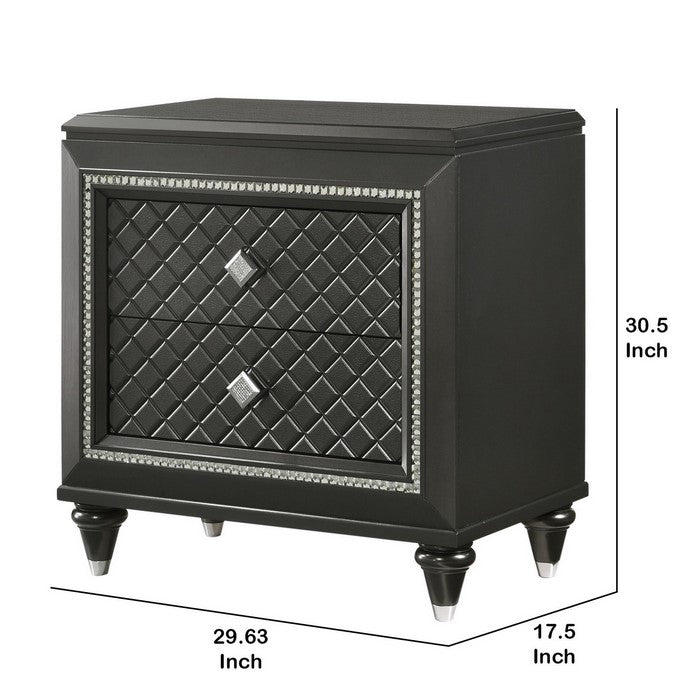 Wooden Two Drawer Nightstand with Carved Details and Knobs, Black