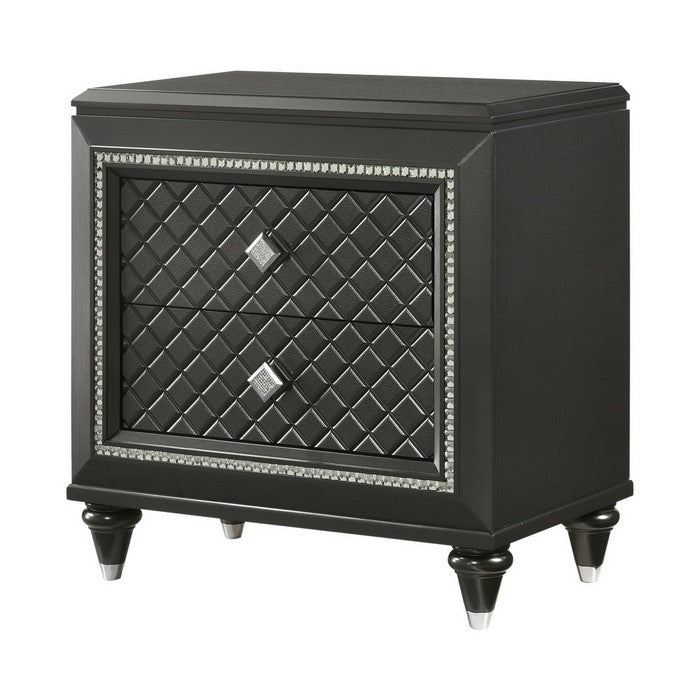 Wooden Two Drawer Nightstand with Carved Details and Knobs, Black