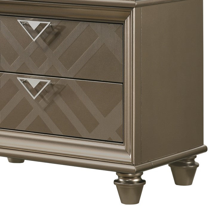 Wooden Two Drawer Nightstand with Faux Stone Details and Turned Legs, Brown