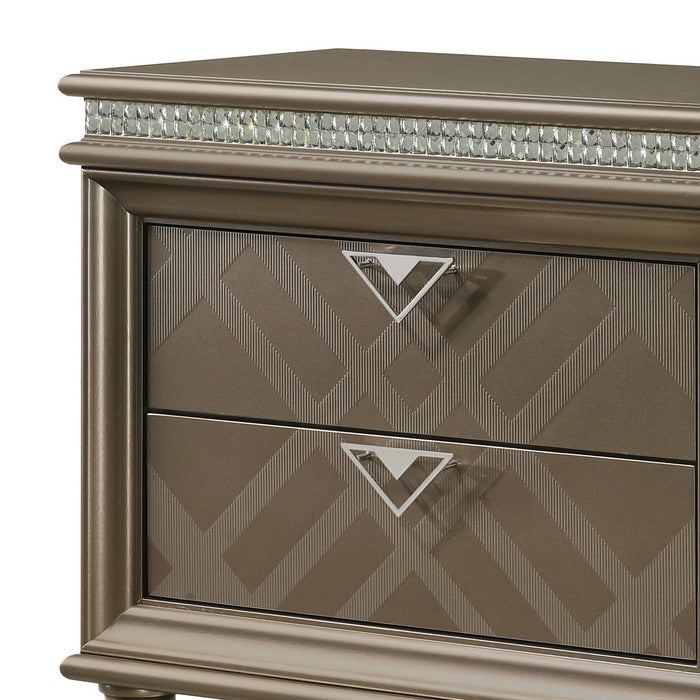 Wooden Two Drawer Nightstand with Faux Stone Details and Turned Legs, Brown