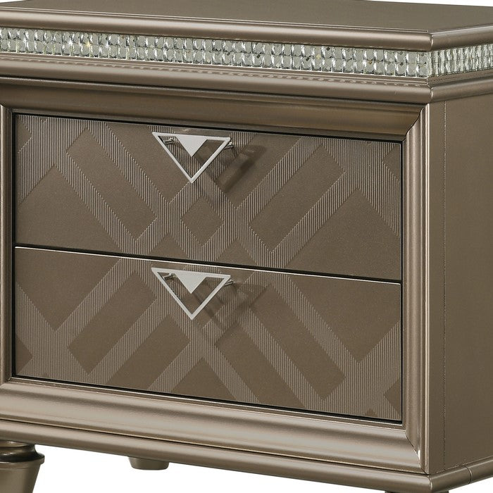 Wooden Two Drawer Nightstand with Faux Stone Details and Turned Legs, Brown