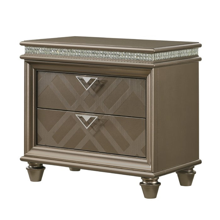 Wooden Two Drawer Nightstand with Faux Stone Details and Turned Legs, Brown