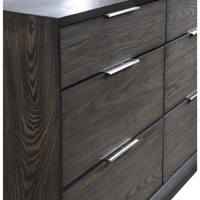 Wooden Six Drawer Dresser with Metal Pulls and Chamfered Legs, Gray