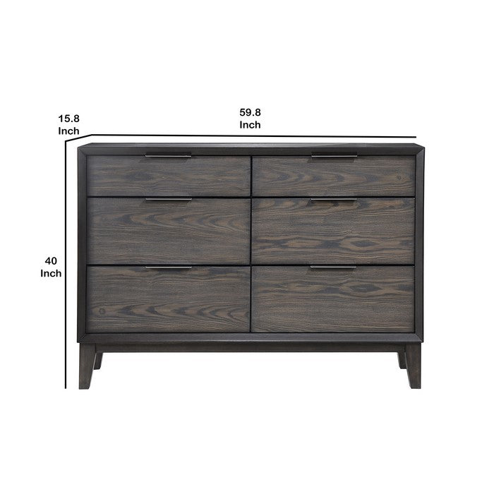 Wooden Six Drawer Dresser with Metal Pulls and Chamfered Legs, Gray