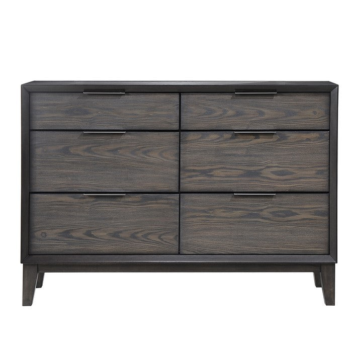 Wooden Six Drawer Dresser with Metal Pulls and Chamfered Legs, Gray