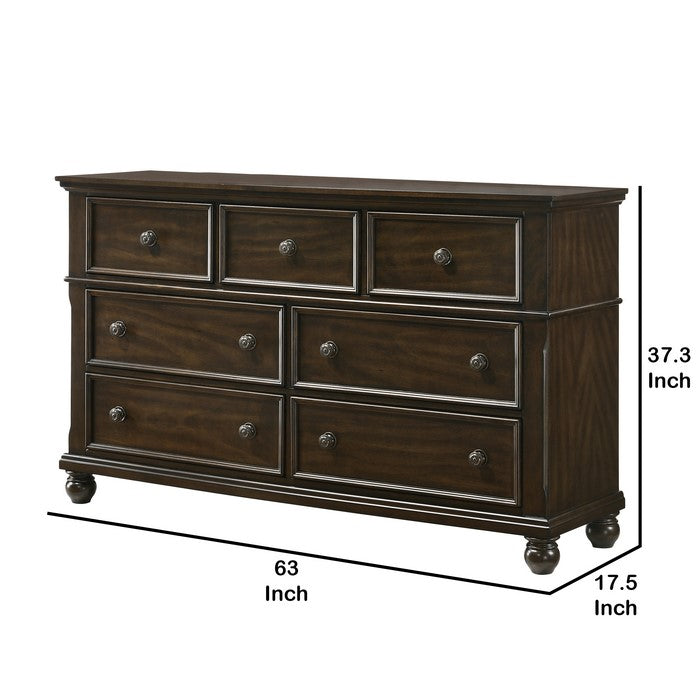 Wooden Seven Drawer Dresser with Bun Feet and Metal Knobs, Brown