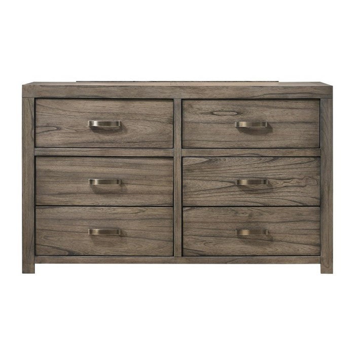 Wooden Six Drawer Dresser with Natural Grain Finish, Gray