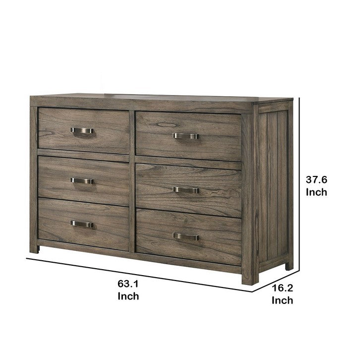Wooden Six Drawer Dresser with Natural Grain Finish, Gray