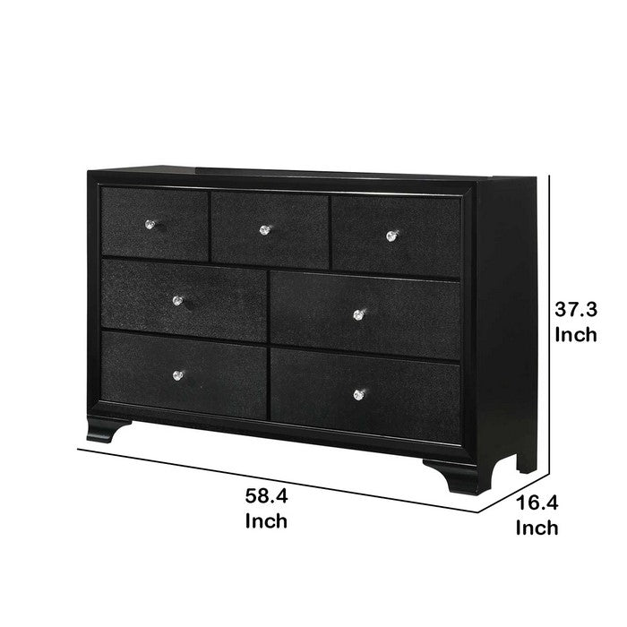 Seven Drawer Wooden Dresser with Bracket Feet and Crystal Knobs, Black