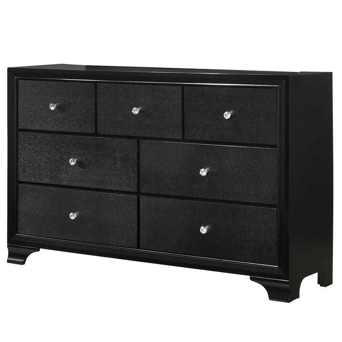 Seven Drawer Wooden Dresser with Bracket Feet and Crystal Knobs, Black