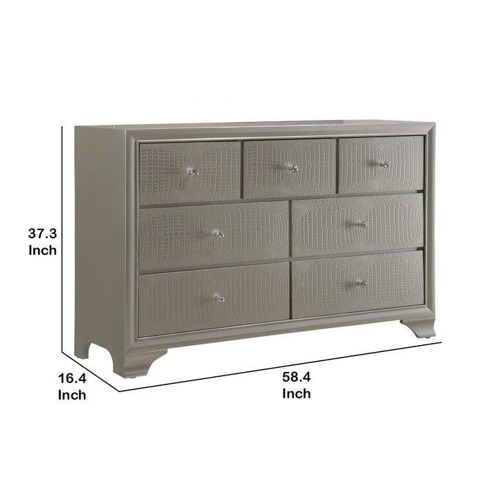 Seven Drawer Wooden Dresser with Bracket Feet and Crystal Knobs, Silver