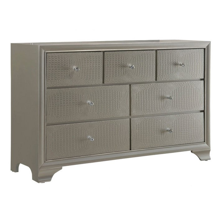 Seven Drawer Wooden Dresser with Bracket Feet and Crystal Knobs, Silver