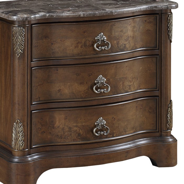 Three Drawer Wooden Nightstand with Marble Top and Antique Pulls, Brown