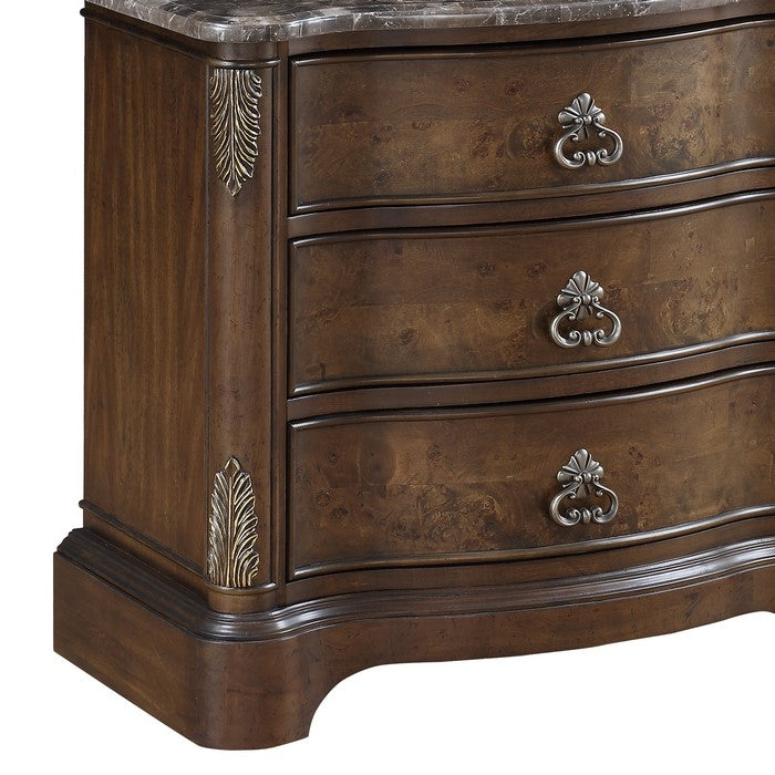 Three Drawer Wooden Nightstand with Marble Top and Antique Pulls, Brown