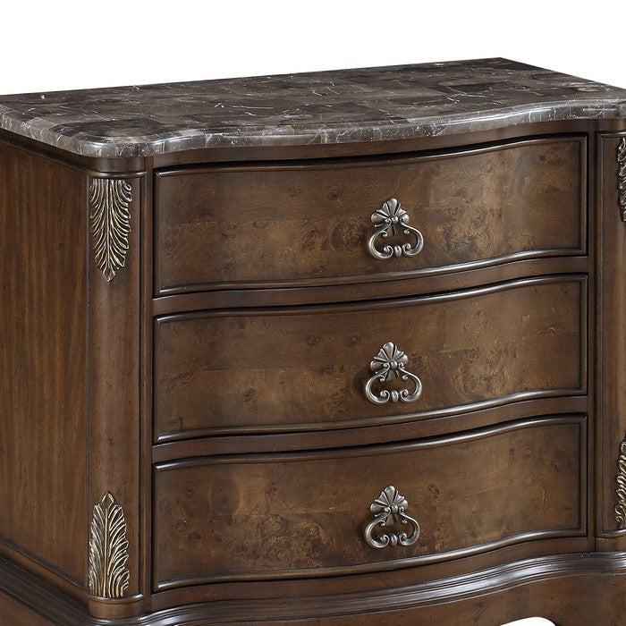 Three Drawer Wooden Nightstand with Marble Top and Antique Pulls, Brown
