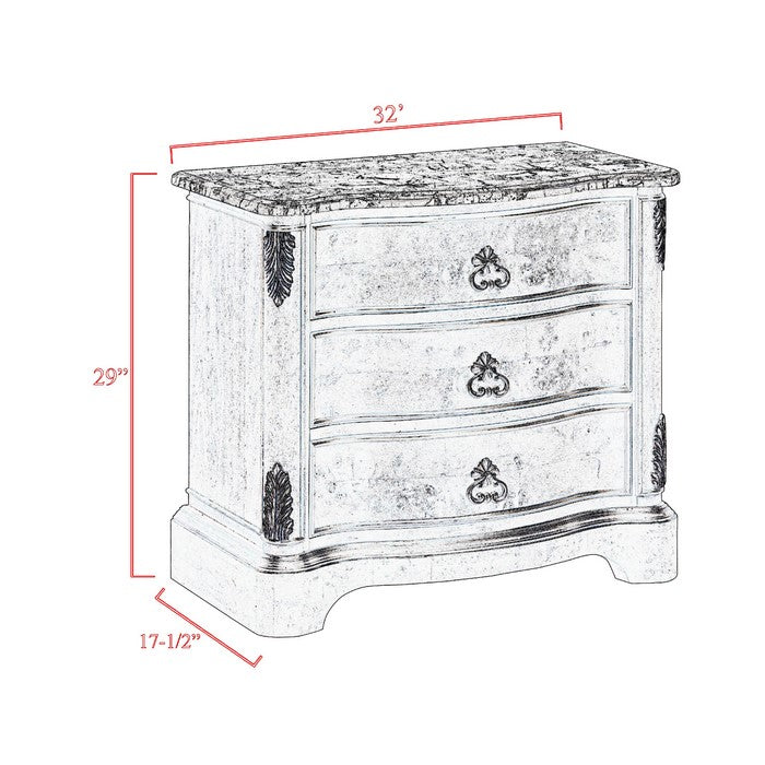 Three Drawer Wooden Nightstand with Marble Top and Antique Pulls, Brown