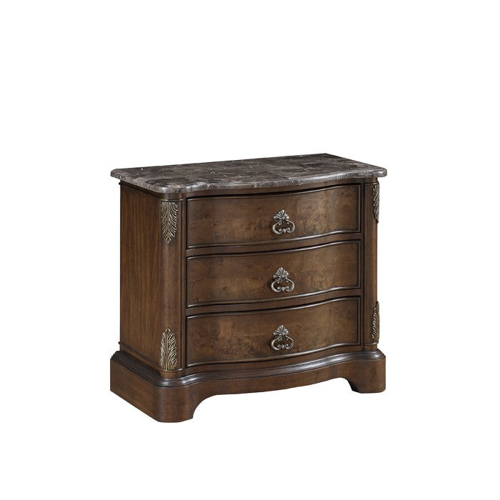 Three Drawer Wooden Nightstand with Marble Top and Antique Pulls, Brown