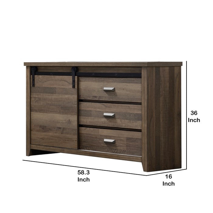 Wooden Dresser with Sliding Barn Door and Drawers, Brown