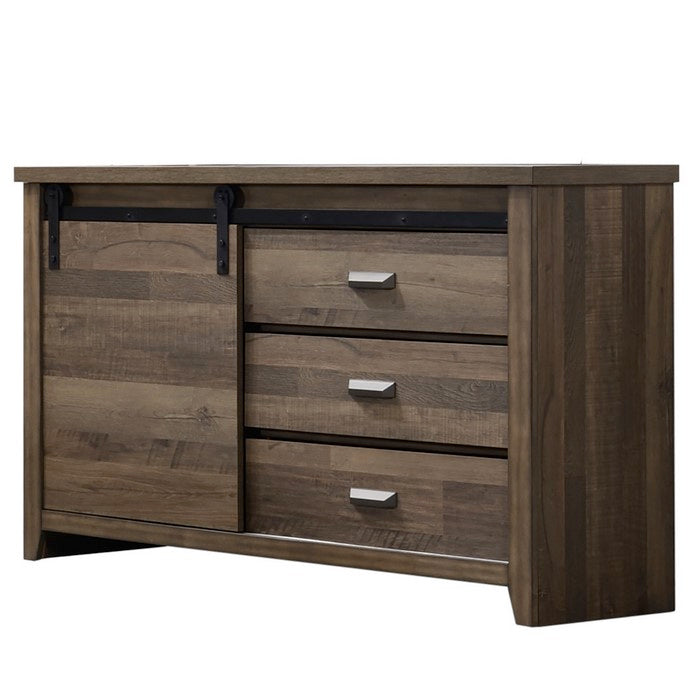 Wooden Dresser with Sliding Barn Door and Drawers, Brown