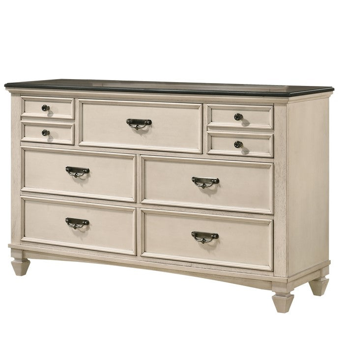 Wooden Dresser with Marble Top and 7 Spacious Drawers, Beige