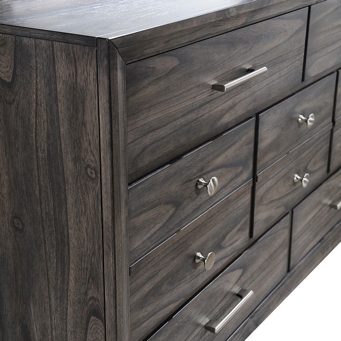 Wooden Dresser with Grain Texture and 7 Spacious Drawers, Gray