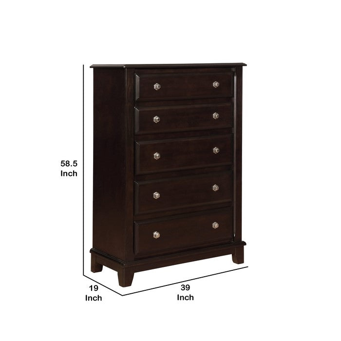 Wooden Chest with Five Spacious Drawers and Metal Knobs, Brown