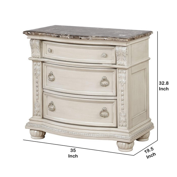 Wooden Nightstand with Three Spacious Drawers and Bun Feet, White