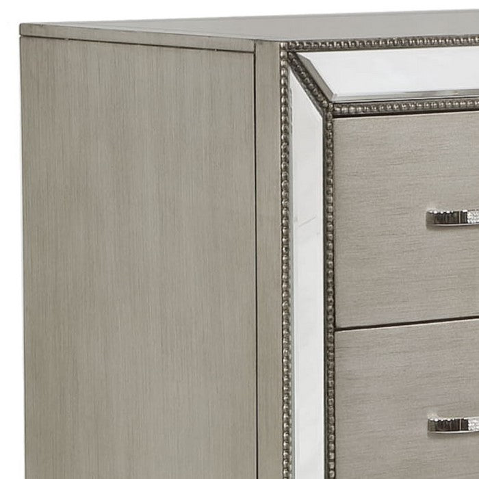 Wooden Chest with Mirror Accents and Five Spacious Drawers, Gray