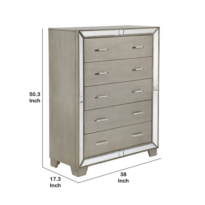 Wooden Chest with Mirror Accents and Five Spacious Drawers, Gray