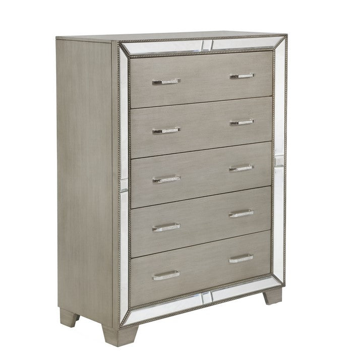 Wooden Chest with Mirror Accents and Five Spacious Drawers, Gray