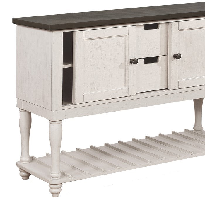 Wooden Side Board with Open Bottom Shelf and Drawers, White and Brown - BM215404