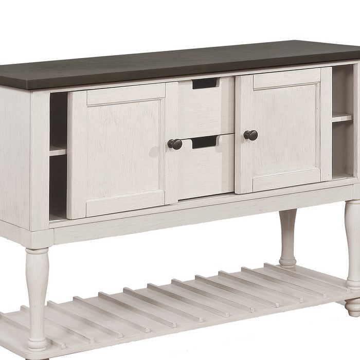 Wooden Side Board with Open Bottom Shelf and Drawers, White and Brown - BM215404